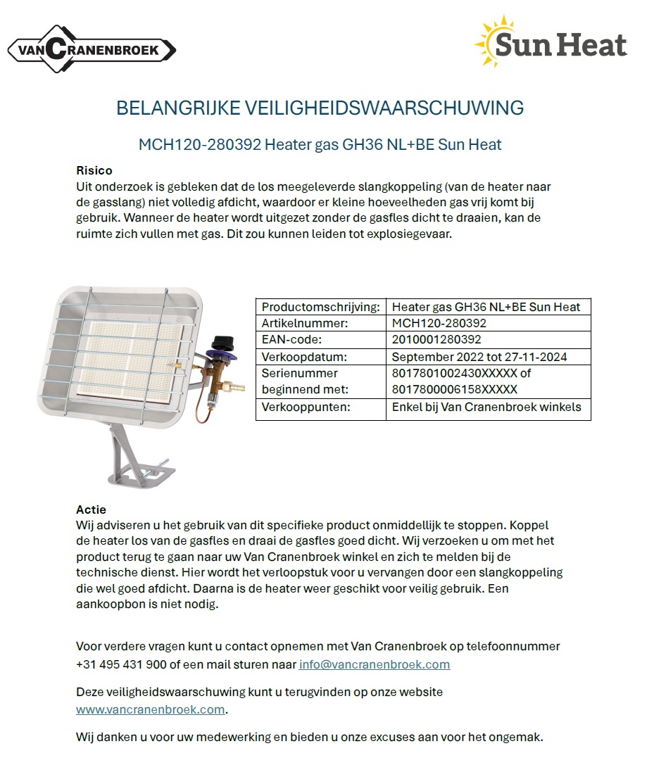 Veiligheidswaarschuwing MCH120-280392 Heater gas GH36 NL BE Sun Heat