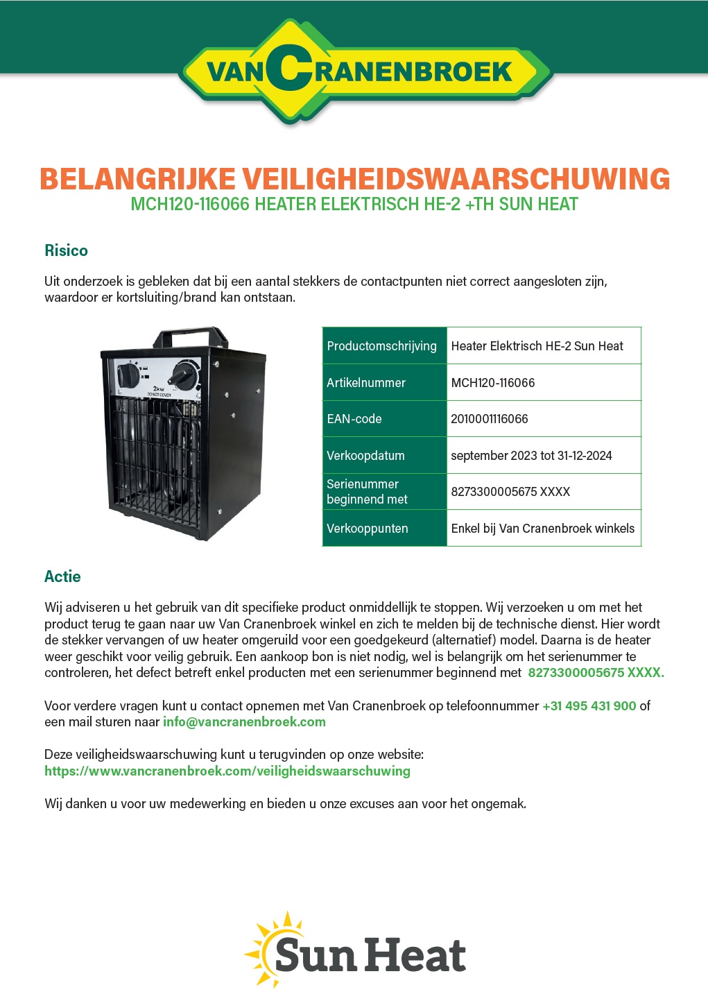 Veiligheidswaarschuwing MCH120-116066 Heater Elektrisch HE-2 Sun Heat